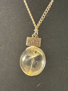 Silver Tone Real Dandelion Fluff Glass Globe Pendant with Wish Charm Necklace